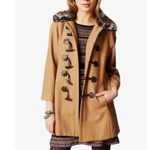 Elevenses Anthropologie Melton Wool Blend Camel Tan & Fur Collar Toggle Coat